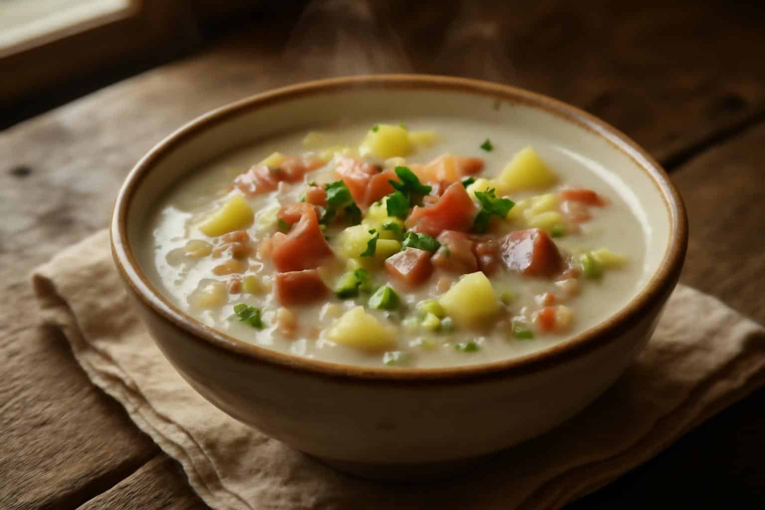bowl of Irish bacon soup with cabbage and potatoes garnished with parsley