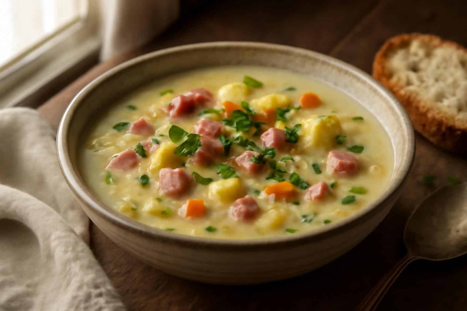 Hearty Irish bacon soup with cabbage garnished with parsley in a rustic bowl