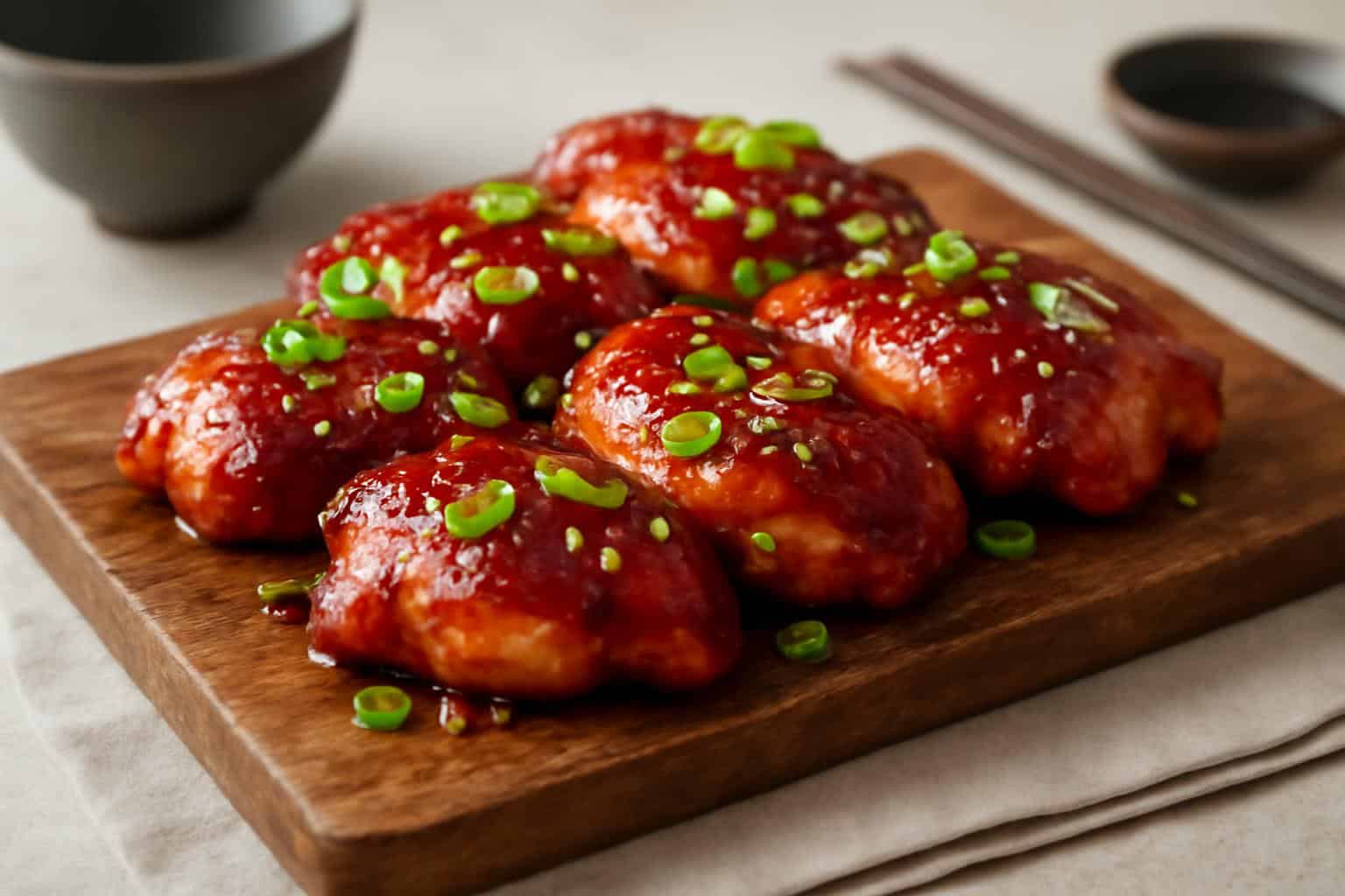 Glazed char siu chicken with sesame seeds and green onions, juicy Asian BBQ chicken