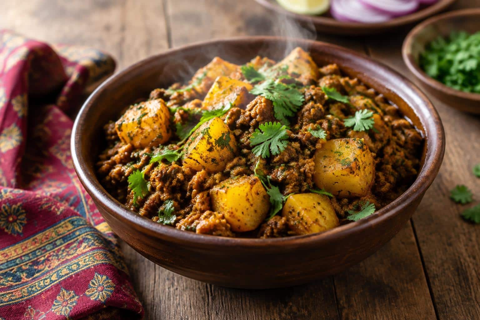 Close-up of aloo keema with crispy potatoes and spiced ground meat garnished with cilantro