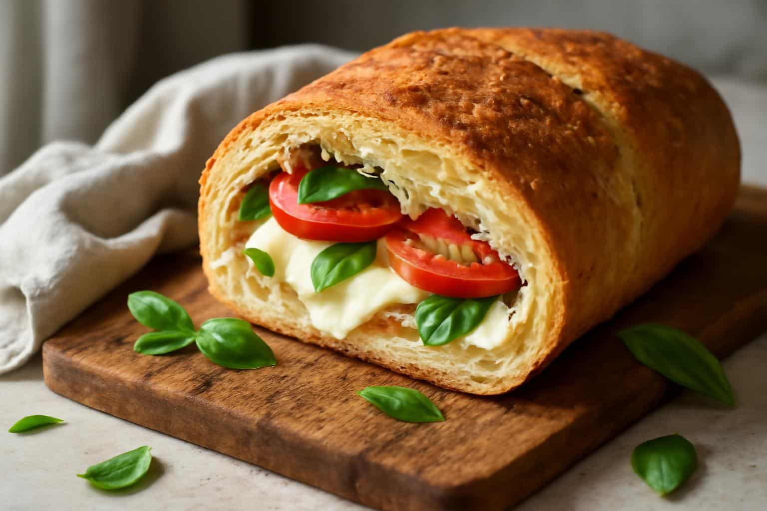 Freshly baked irresistible caprese bread with melted mozzarella, tomato slices, and basil leaves