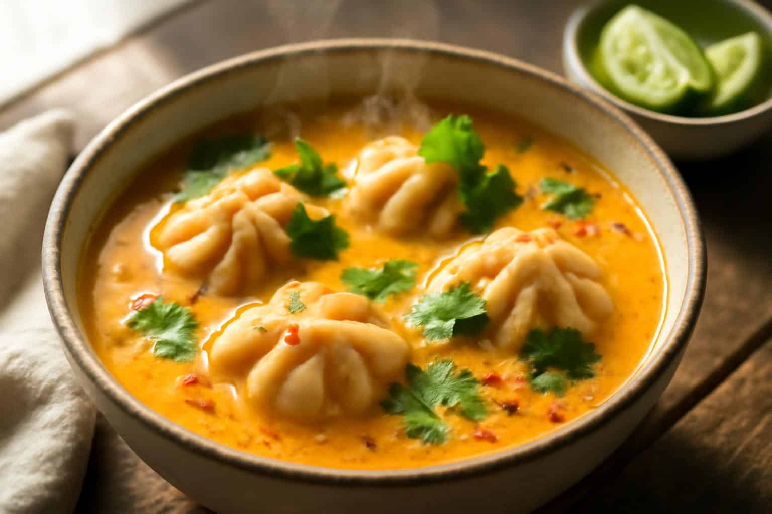 bowl of coconut curry soup with dumplings and fresh cilantro garnish