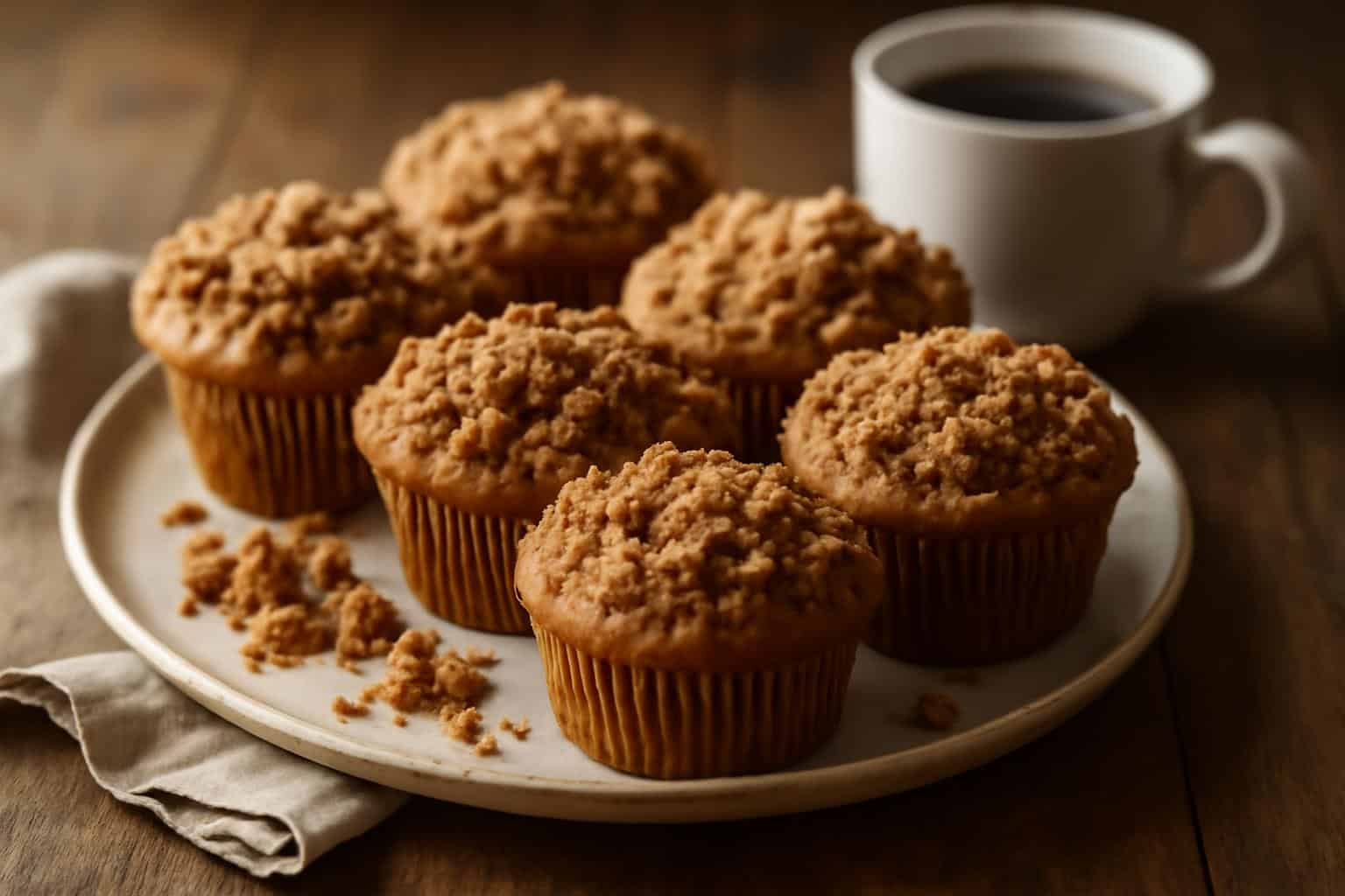 Irresistible coffee cake muffins with cinnamon streusel topping on rustic table