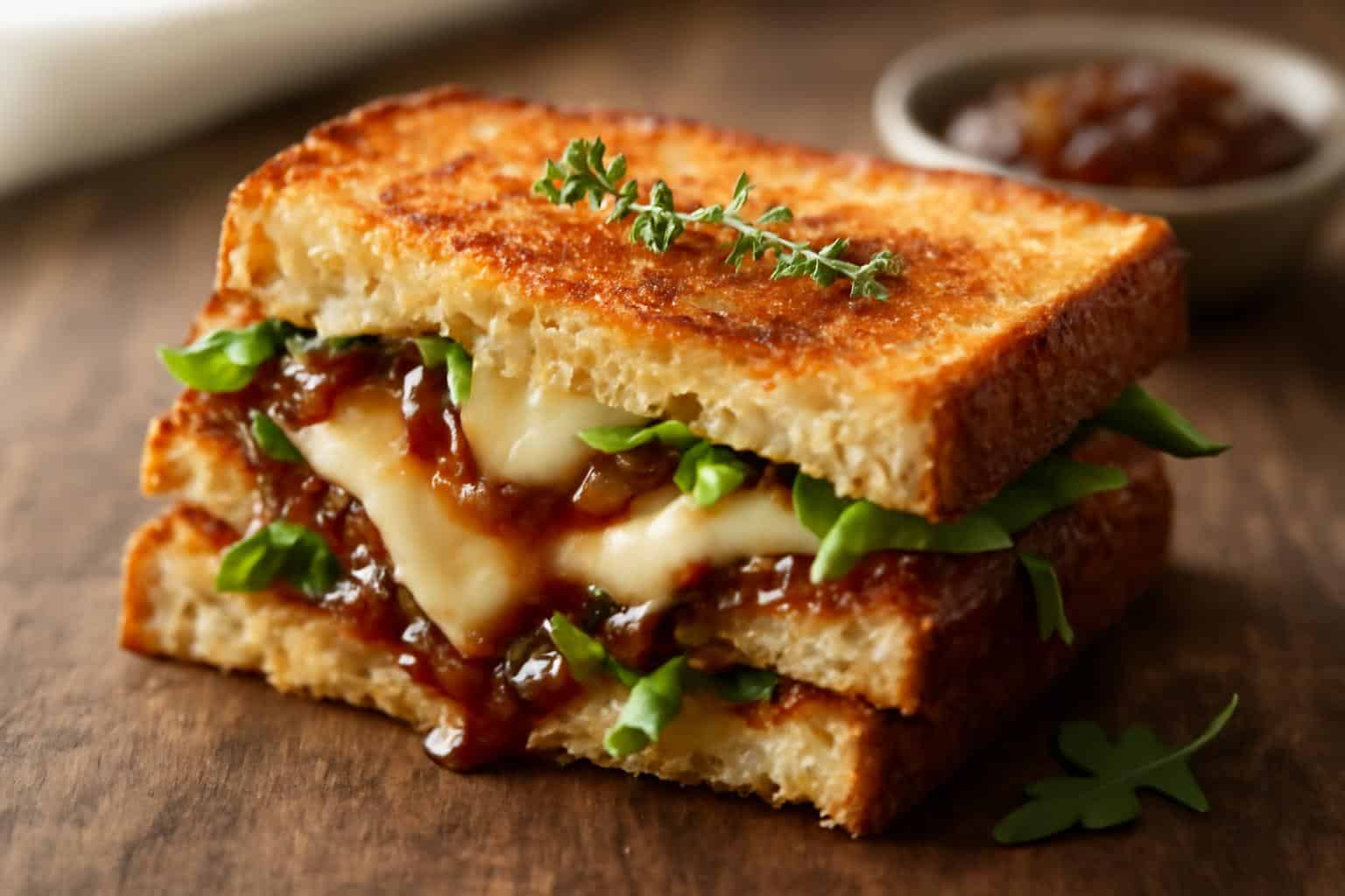Golden brown fig jam melt sandwich with melted cheese and fig jam on rustic surface