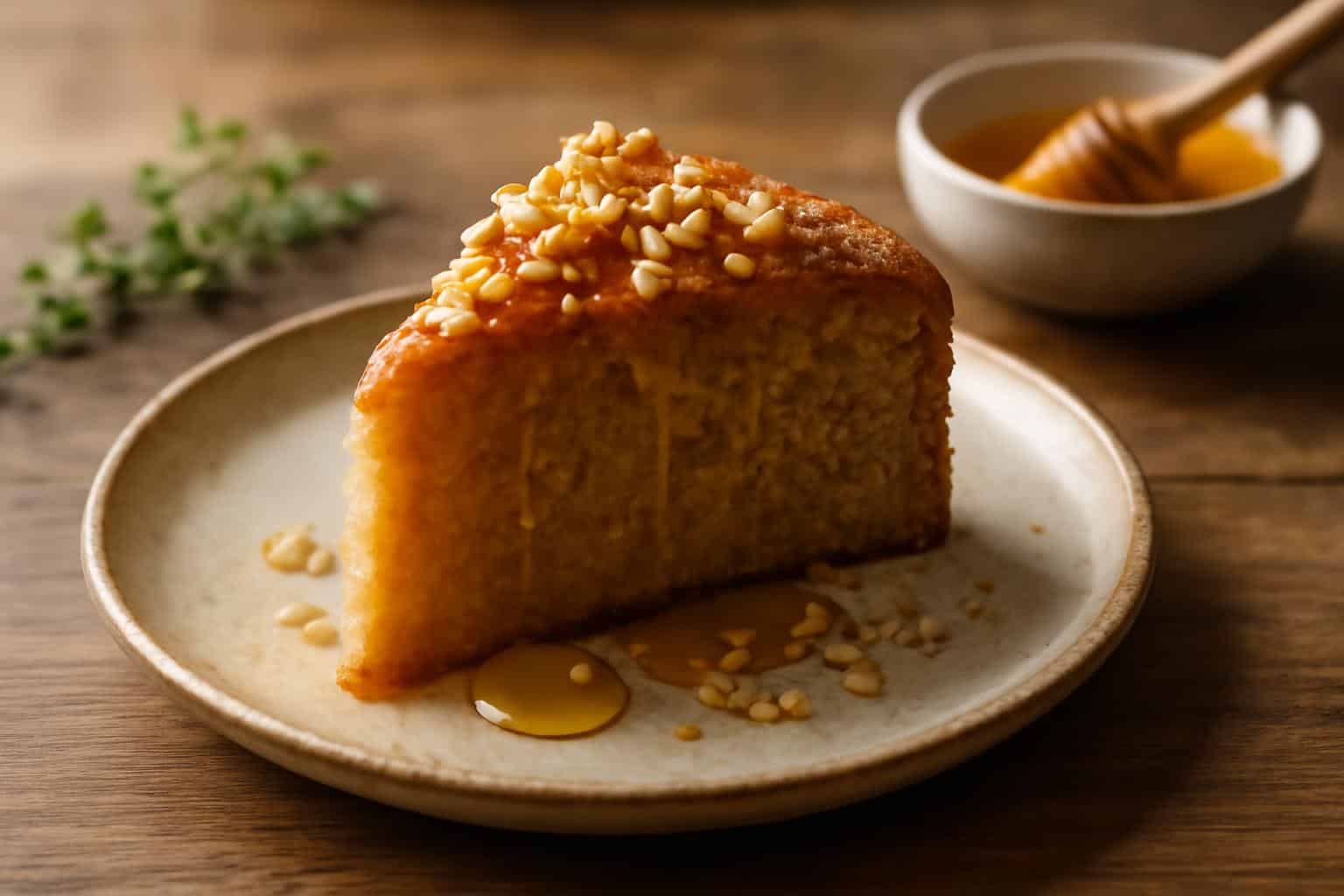 Slice of Greek honey cake drizzled with honey and garnished with crushed walnuts