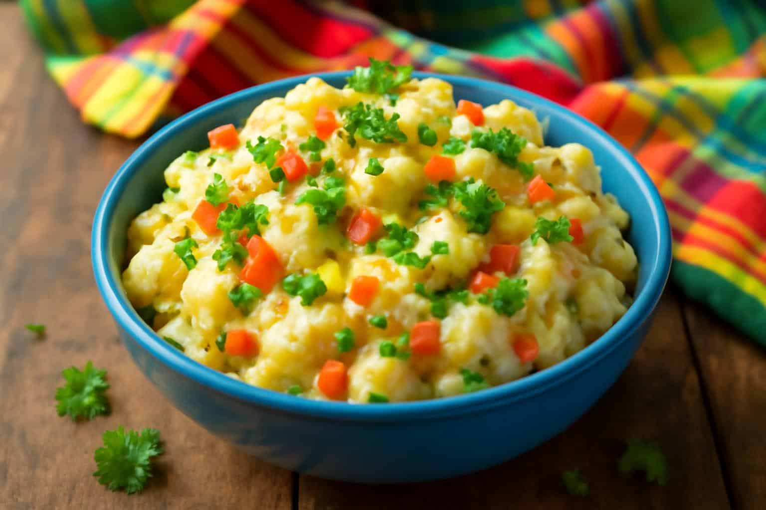 bowl of jamaican potato salad garnished with parsley and scallions in natural light