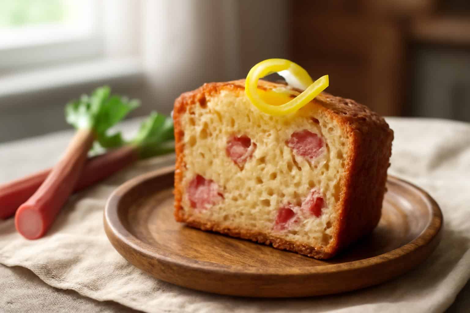Moist slice of lemon rhubarb bread with vibrant rhubarb pieces and lemon garnish