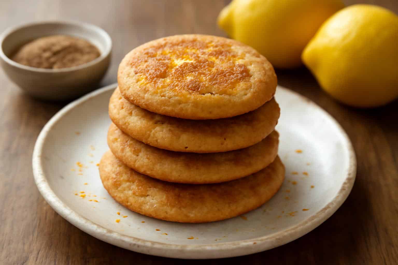 Stack of lemon snickerdoodles cookies with cinnamon sugar and lemon zest topping