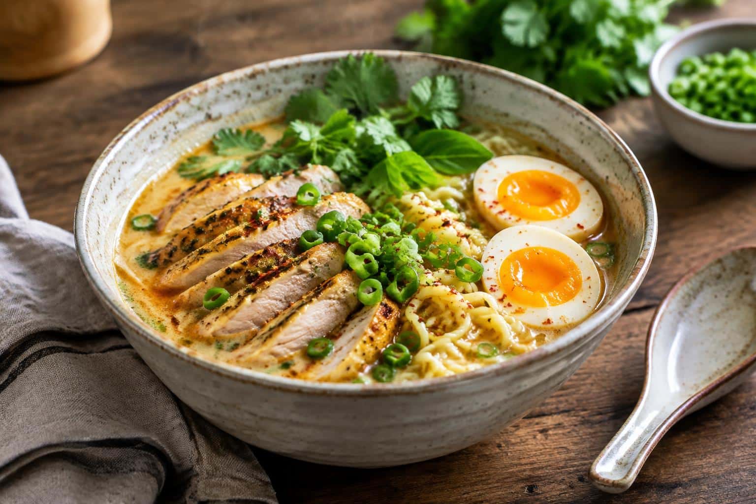 A bowl of marry me chicken ramen with tender chicken, scallions, egg, and herbs in rich broth