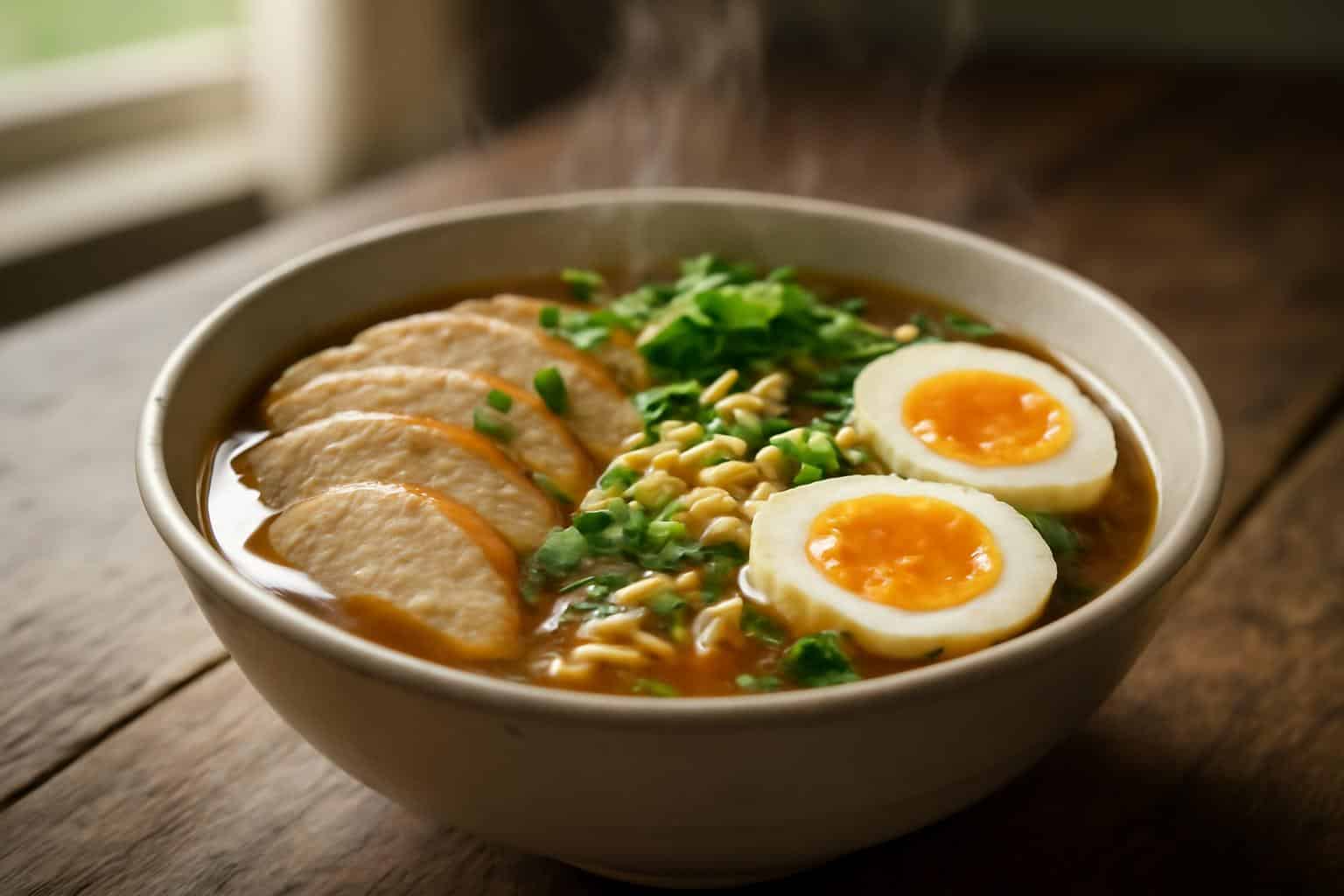 A bowl of marry me chicken ramen with tender chicken, noodles, soft-boiled eggs, and green garnishes