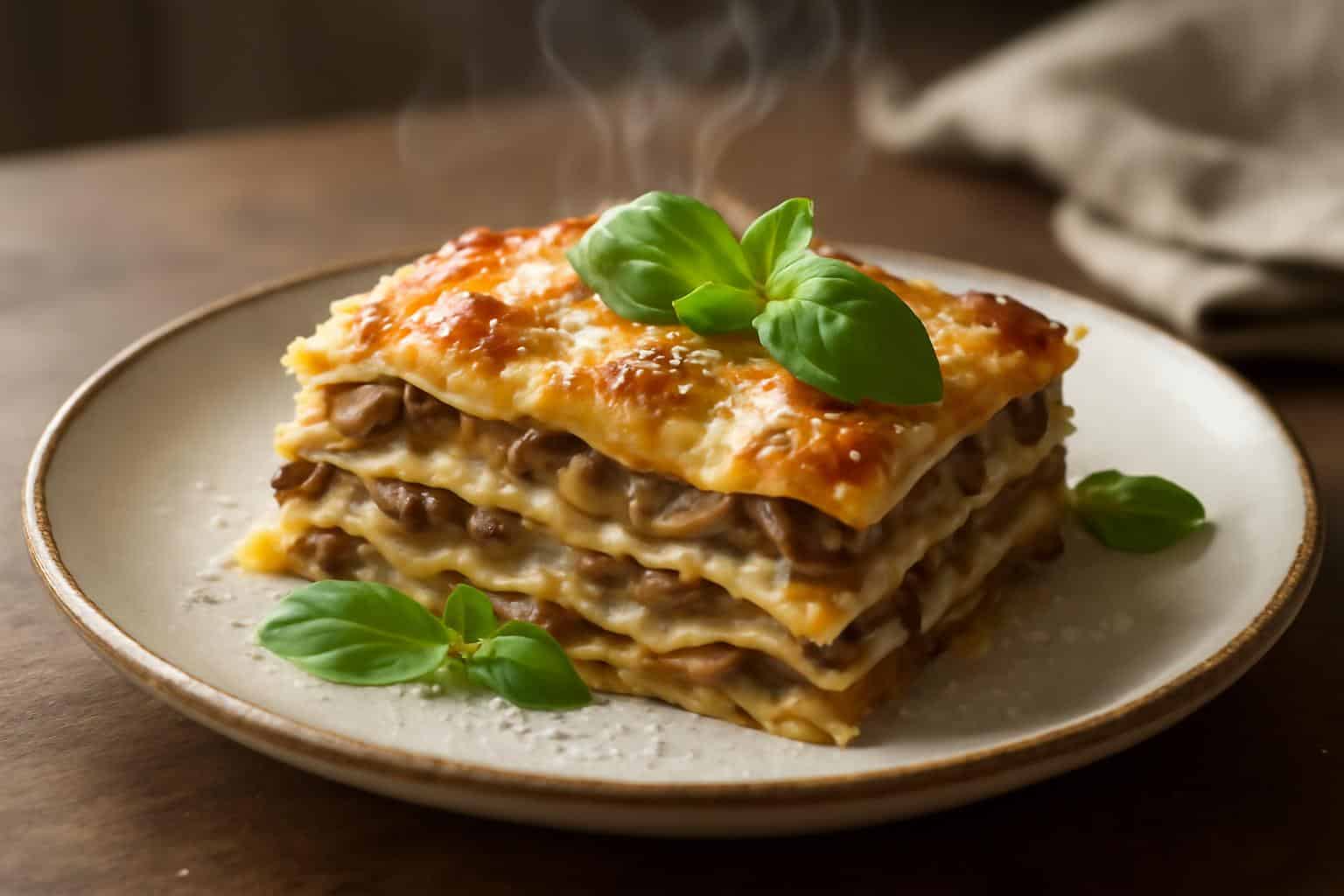 Hearty mushroom lasagna slice with melted cheese and fresh basil, focusing on mushroom lasagna