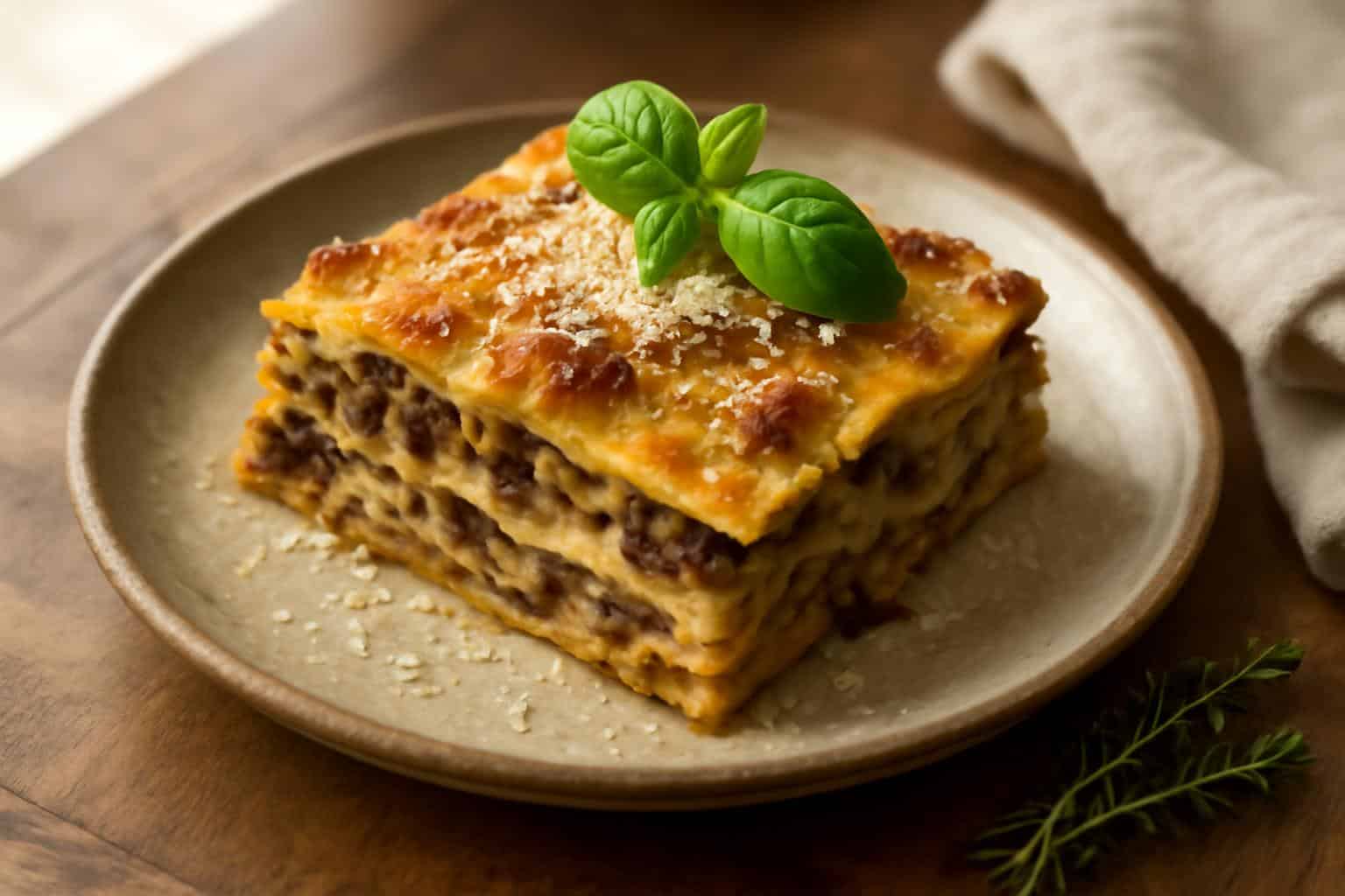 A slice of mushroom lasagna on a rustic plate garnished with basil and parmesan, showcasing mushroom lasagna