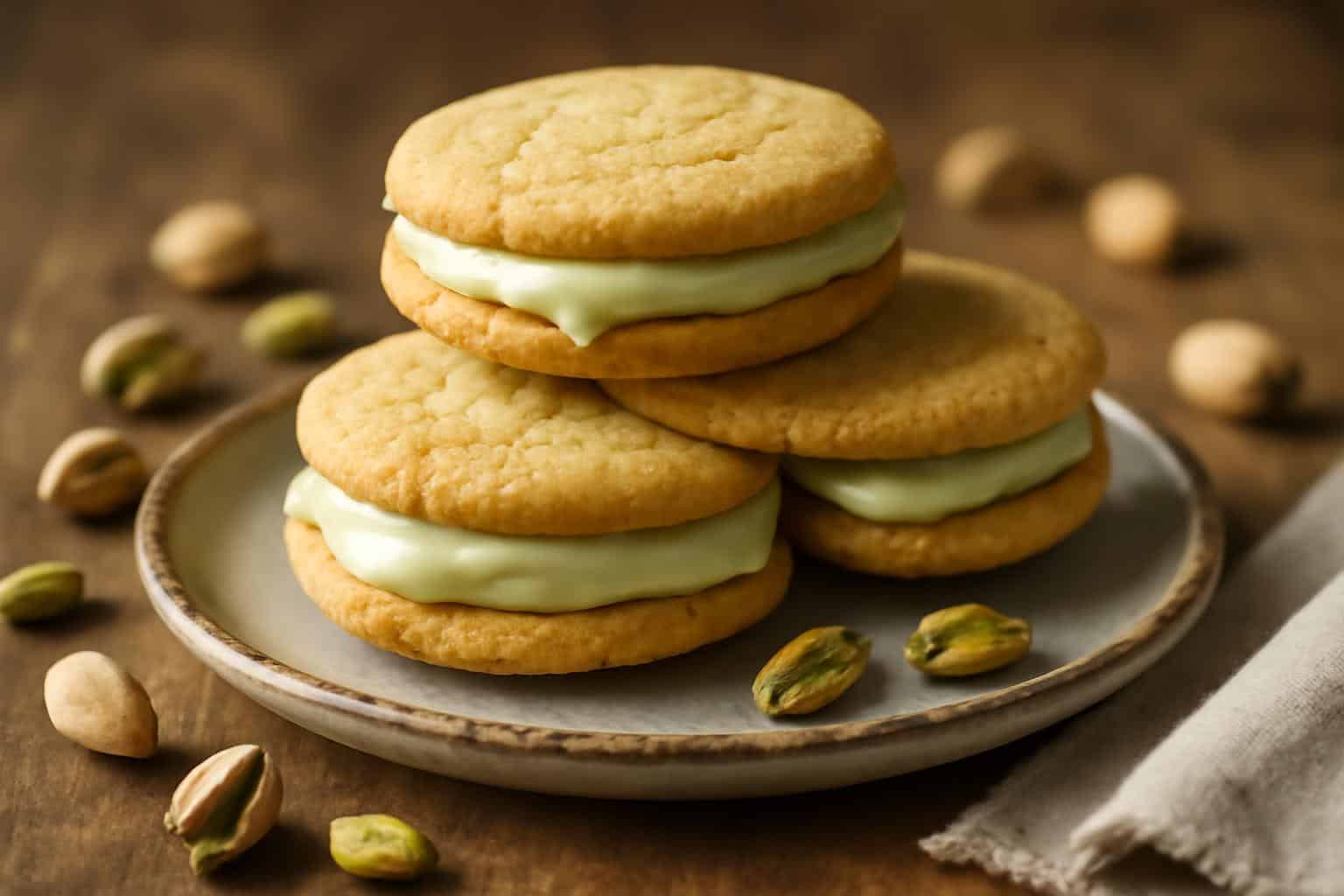 Close-up of freshly baked pistachio cream cookies with creamy filling, showcasing pistachio cream cookies texture and nu