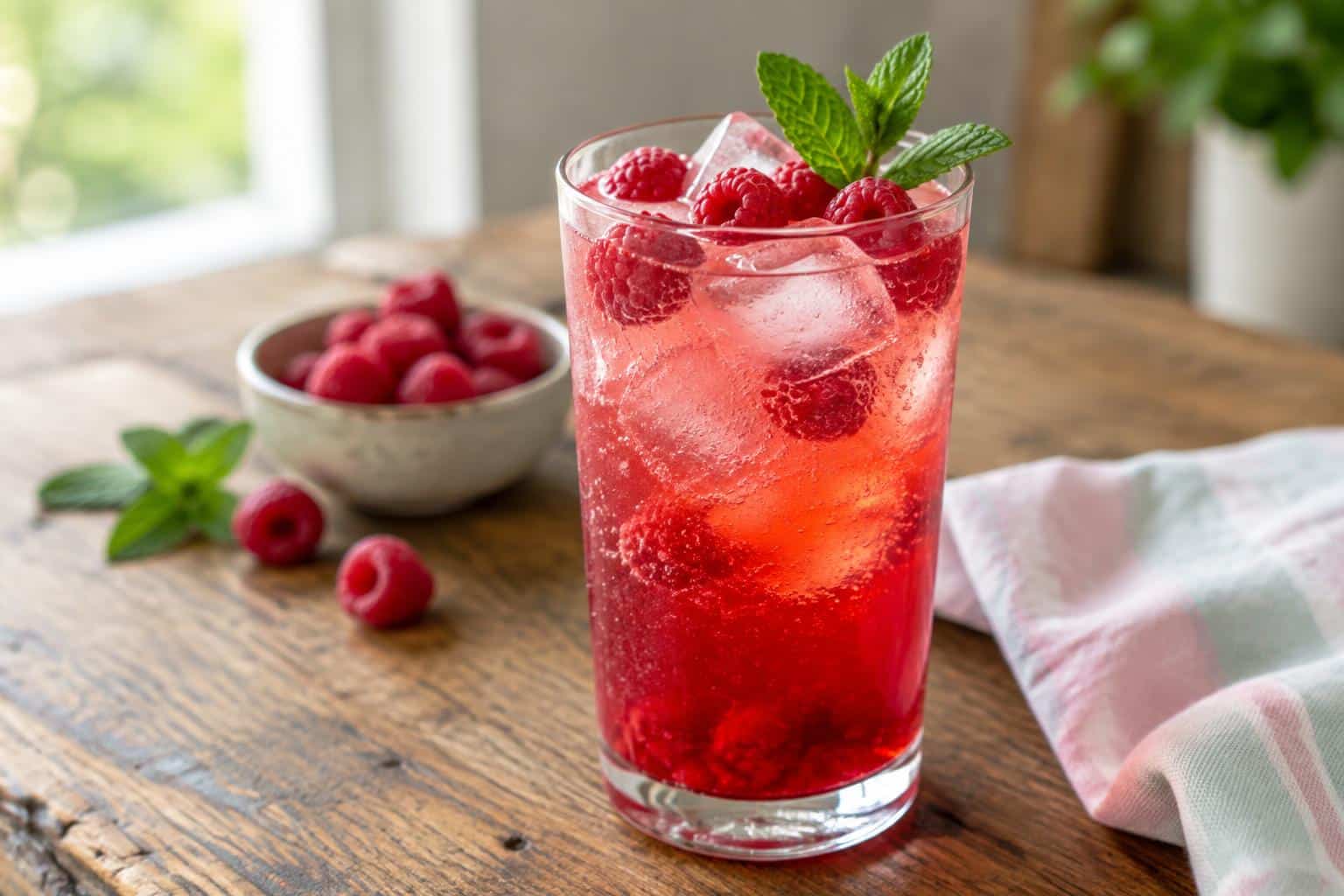 A refreshing glass of raspberry bliss dirty soda garnished with fresh raspberries and mint leaves