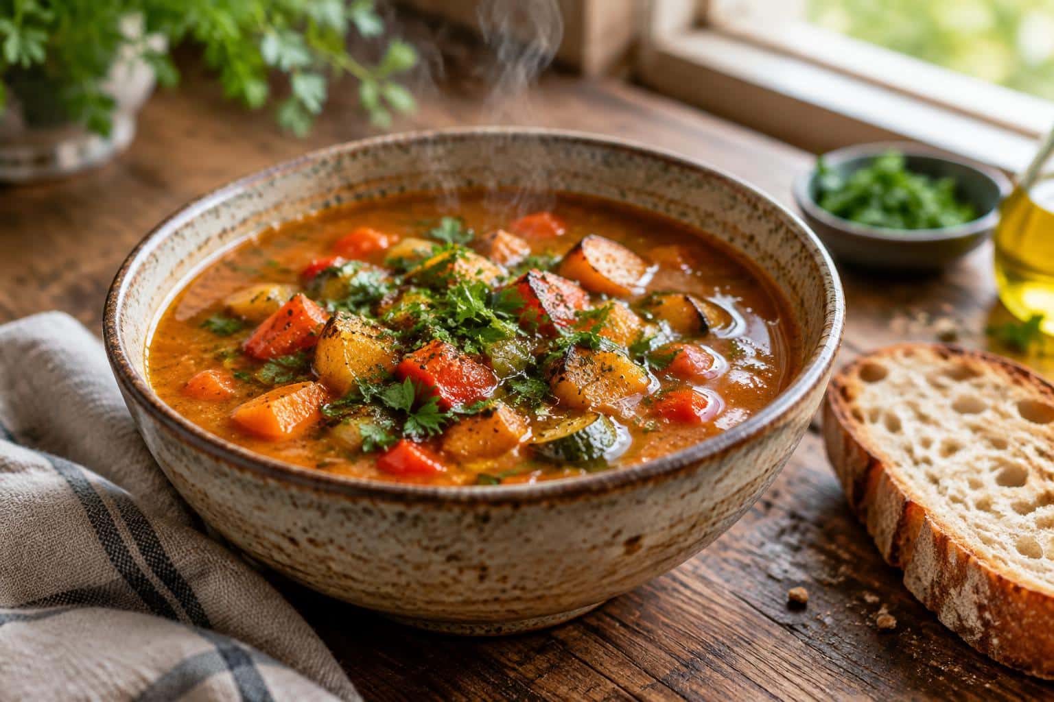 Bowl of roasted veggie soup garnished with parsley and olive oil, showcasing roasted veggie soup