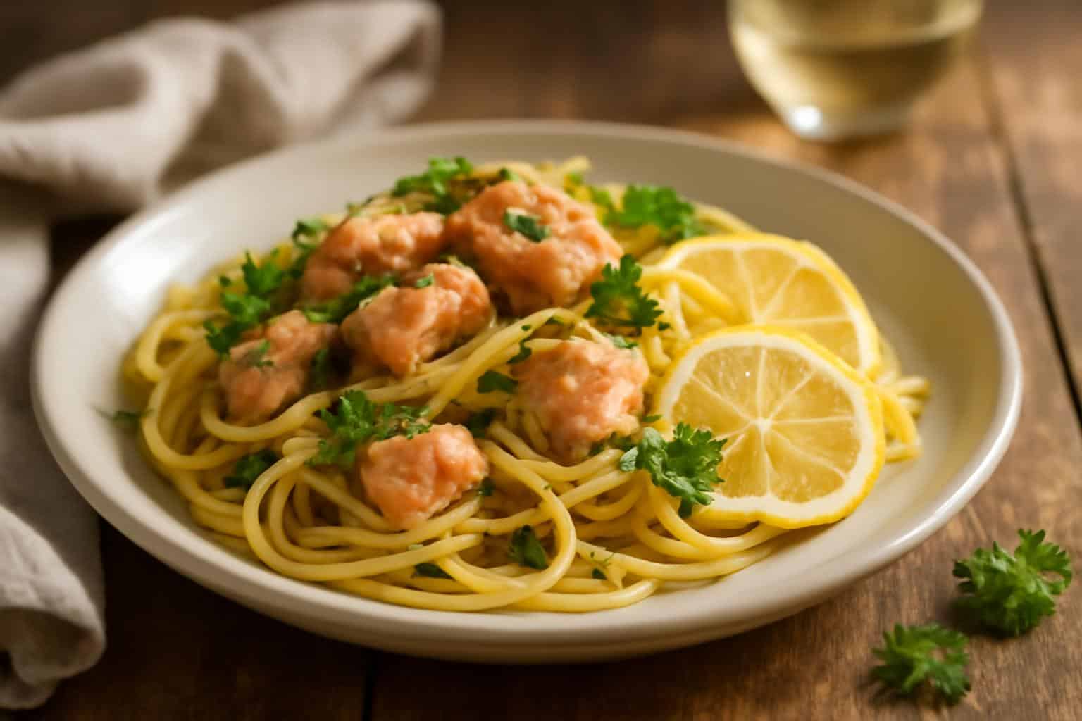 Salmon pasta without cream plated with parsley and lemon garnish