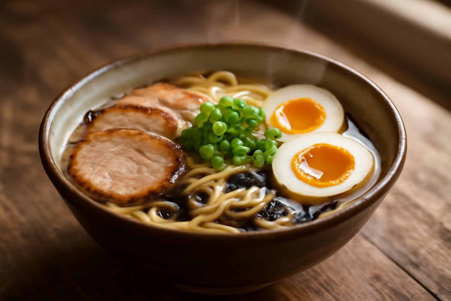 Bowl of tonkotsu ramen with homemade chashu and black garlic oil in rich creamy broth