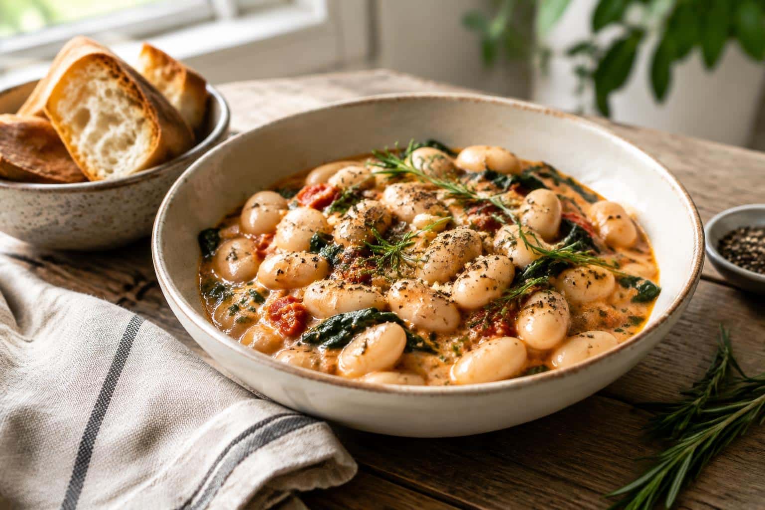 Creamy Tuscan butter beans garnished with rosemary and black pepper in a rustic bowl