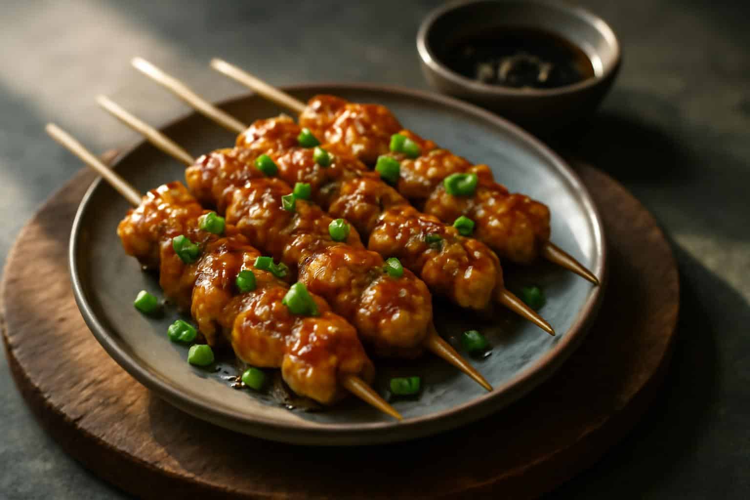 Plate of irresistible yakitori chicken skewers garnished with green onions and sesame seeds