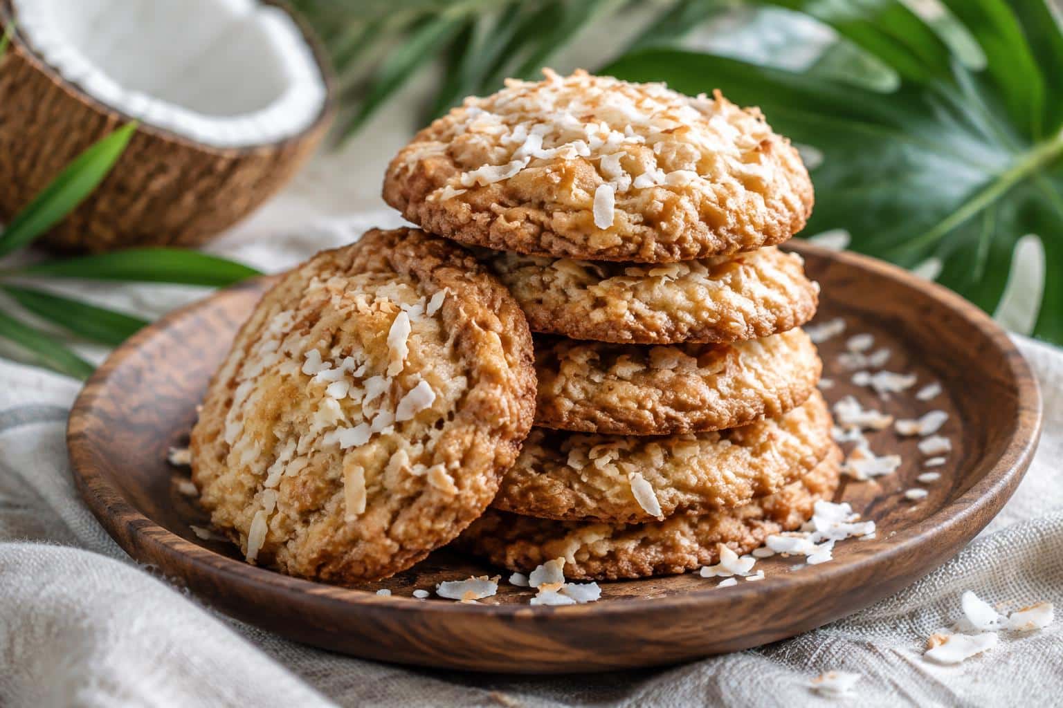 Stack of chewy coconut cookies with shredded coconut on rustic plate, chewy coconut cookies