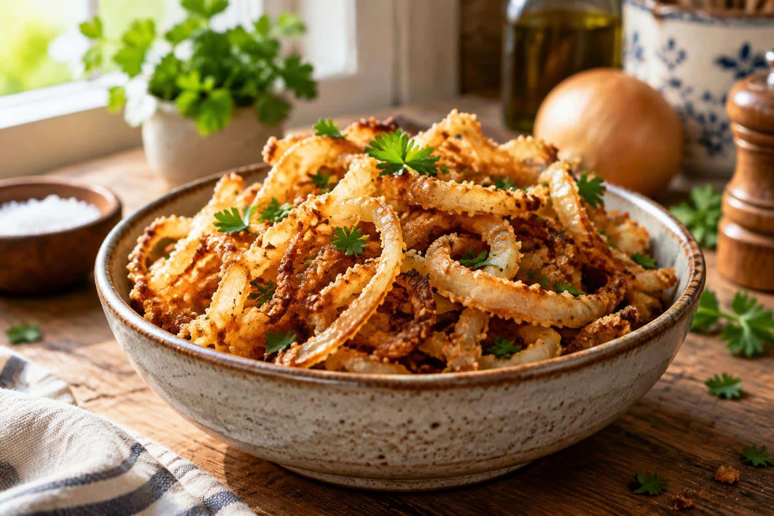 Golden and crunchy air fryer crispy onions in a rustic bowl garnished with parsley