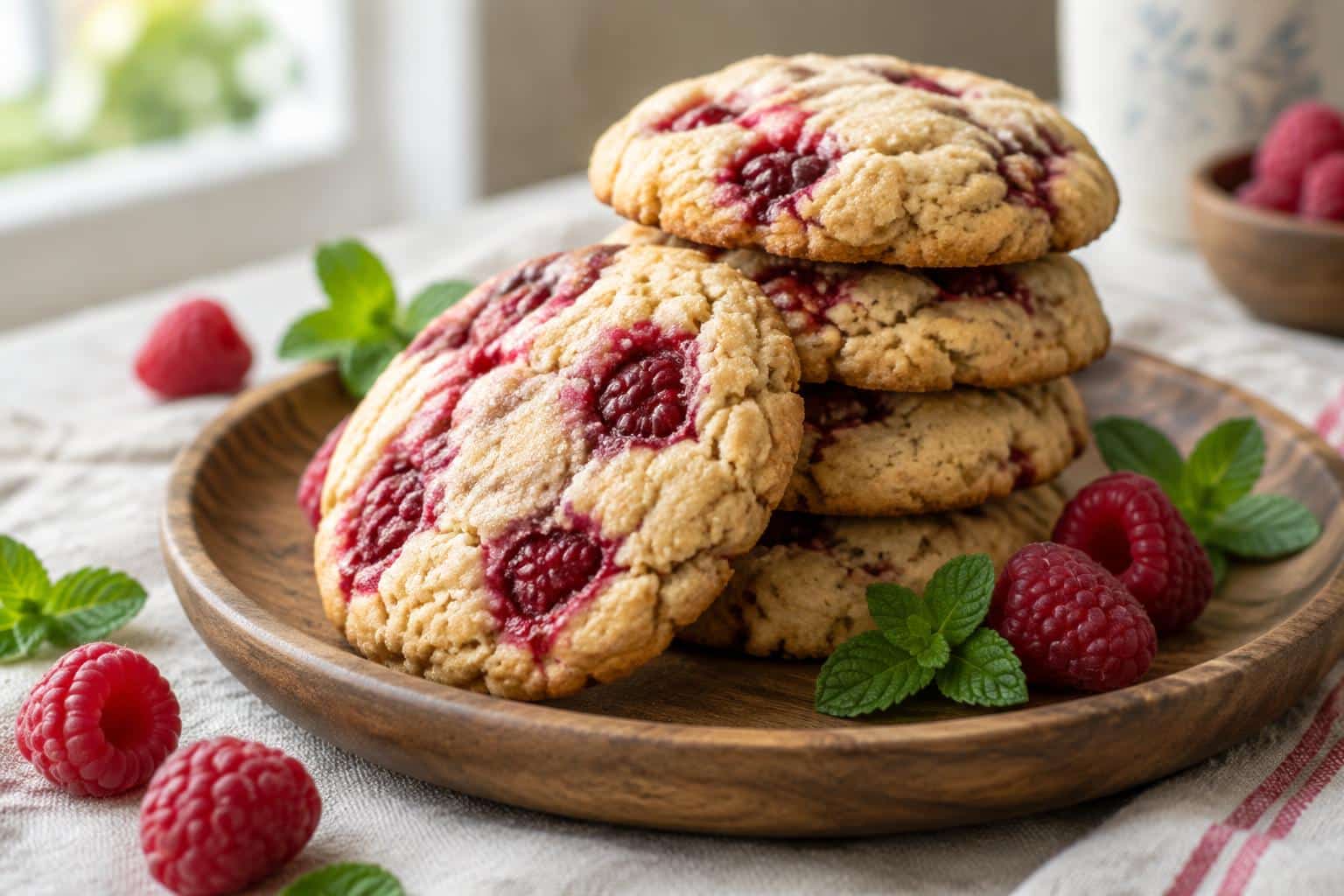 freshly baked raspberry cookies with fresh raspberries and mint garnish in natural light