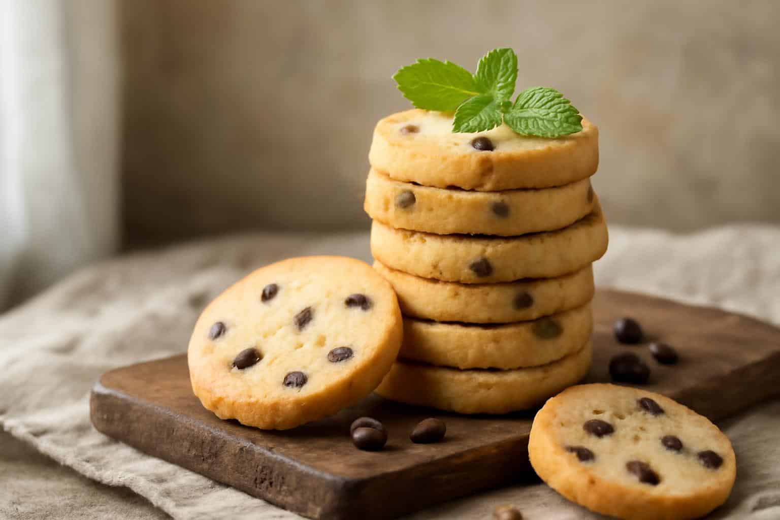 Golden slice-and-bake cookies stacked on wooden board with chocolate chips and mint garnish