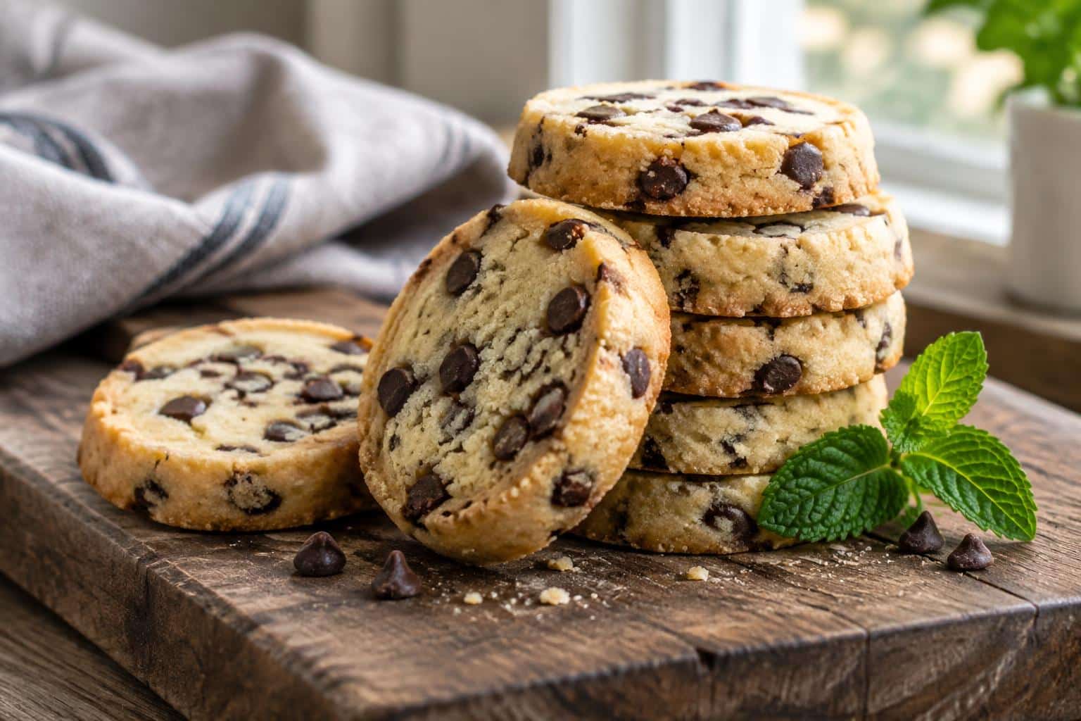 Freshly baked slice-and-bake cookies stacked on a wooden board with mint garnish