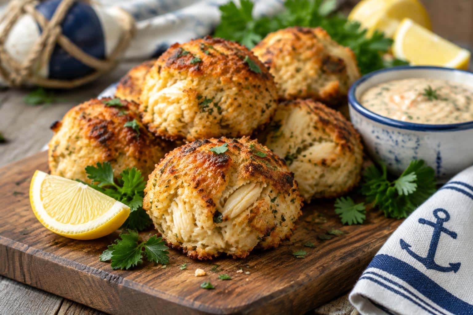 Golden baked crab bombs garnished with lemon wedges and parsley, a classic crab bombs seafood appetizer