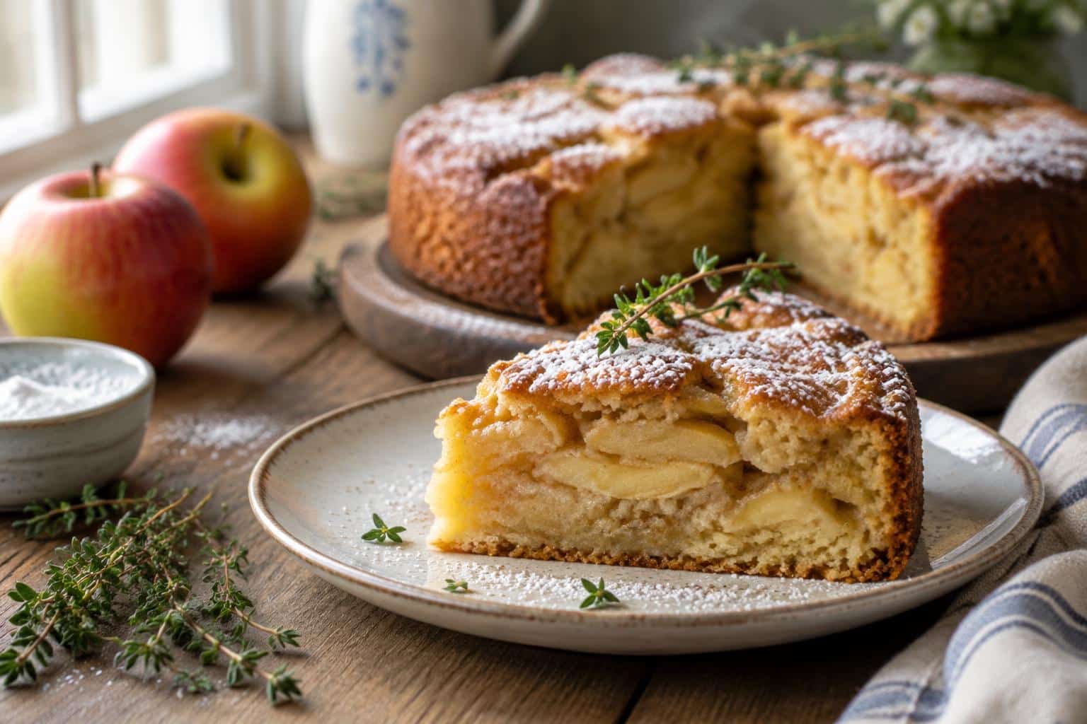Moist Swedish apple cake slice with tender apples and golden crumb on rustic plate