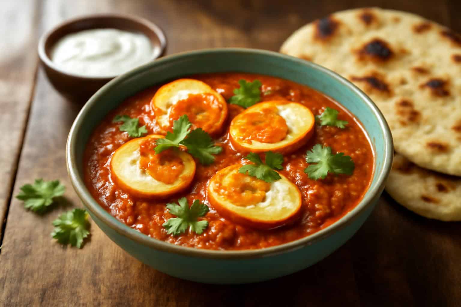 Bowl of spicy egg curry garnished with cilantro served with naan bread, showcasing the spicy egg curry dish