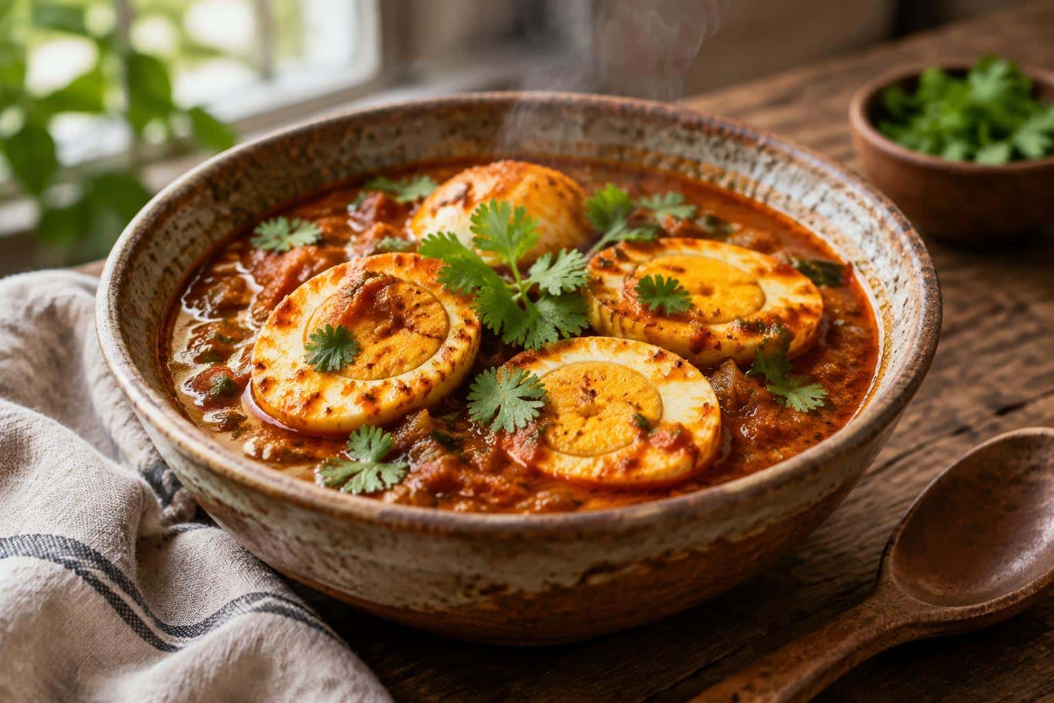 Spicy egg curry in a rustic bowl with fresh cilantro garnish and halved boiled eggs