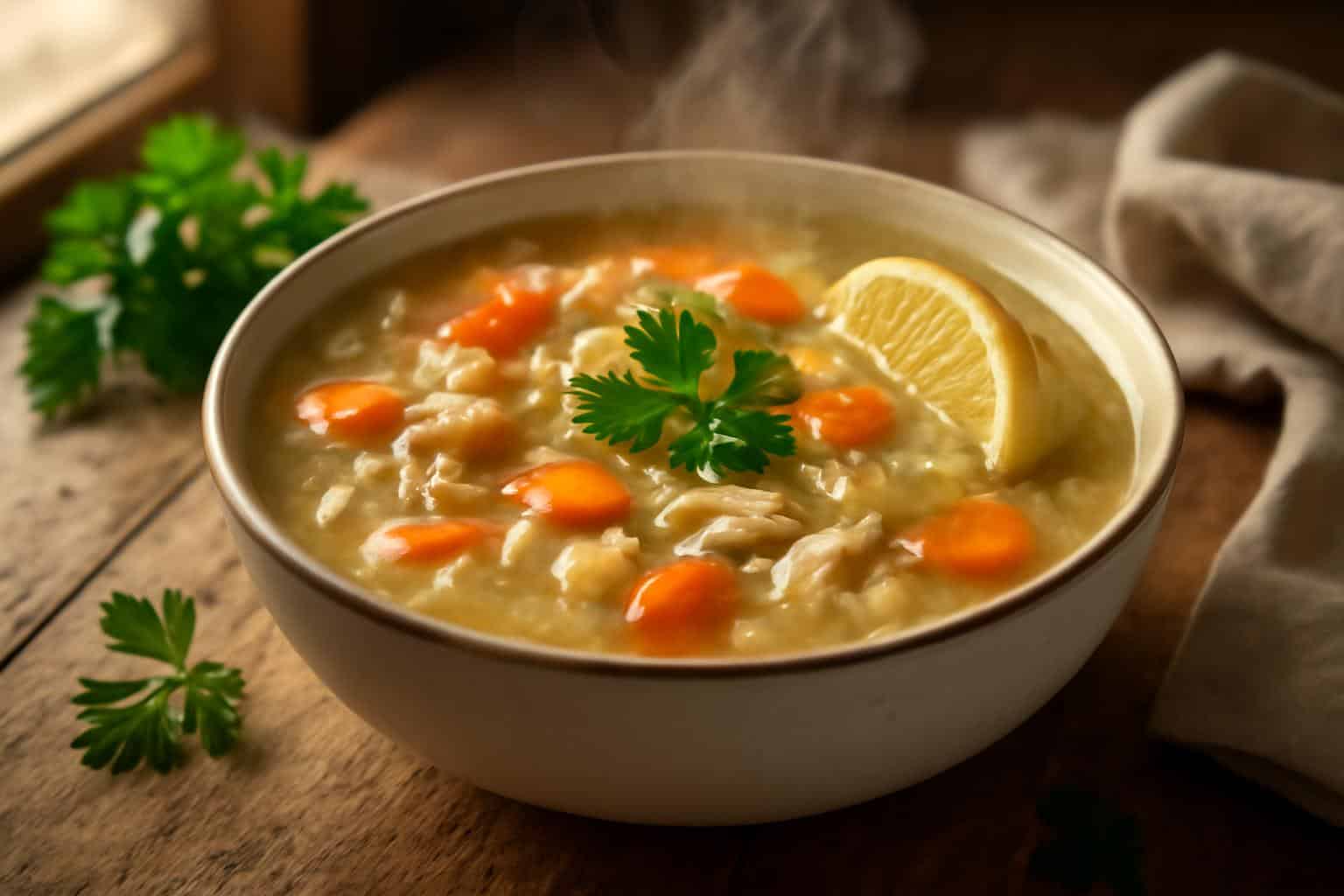 A steaming bowl of italian penicillin soup garnished with parsley and lemon wedge