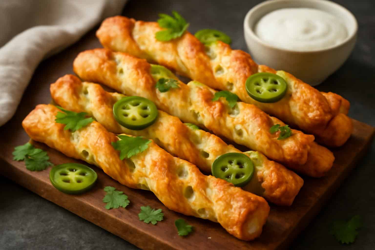 Golden baked jalapeno popper twists appetizer garnished with fresh cilantro and sliced jalapenos