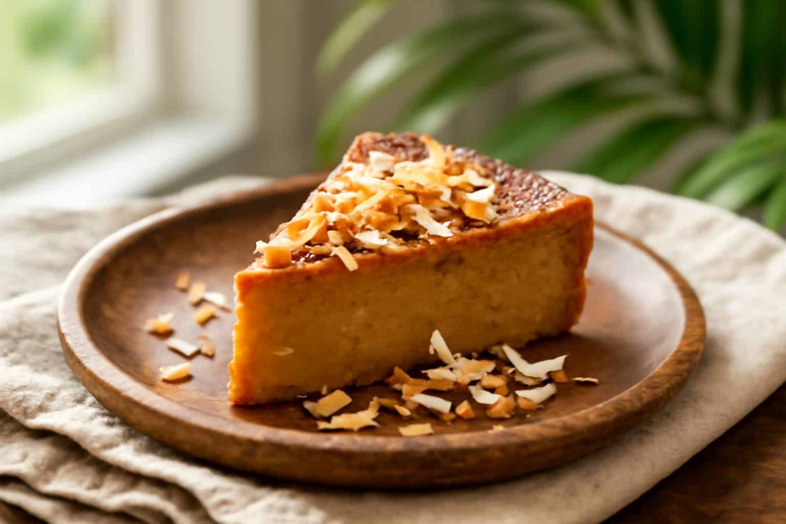 Jamaican sweet potato pudding with coconut garnished with toasted flakes on rustic plate