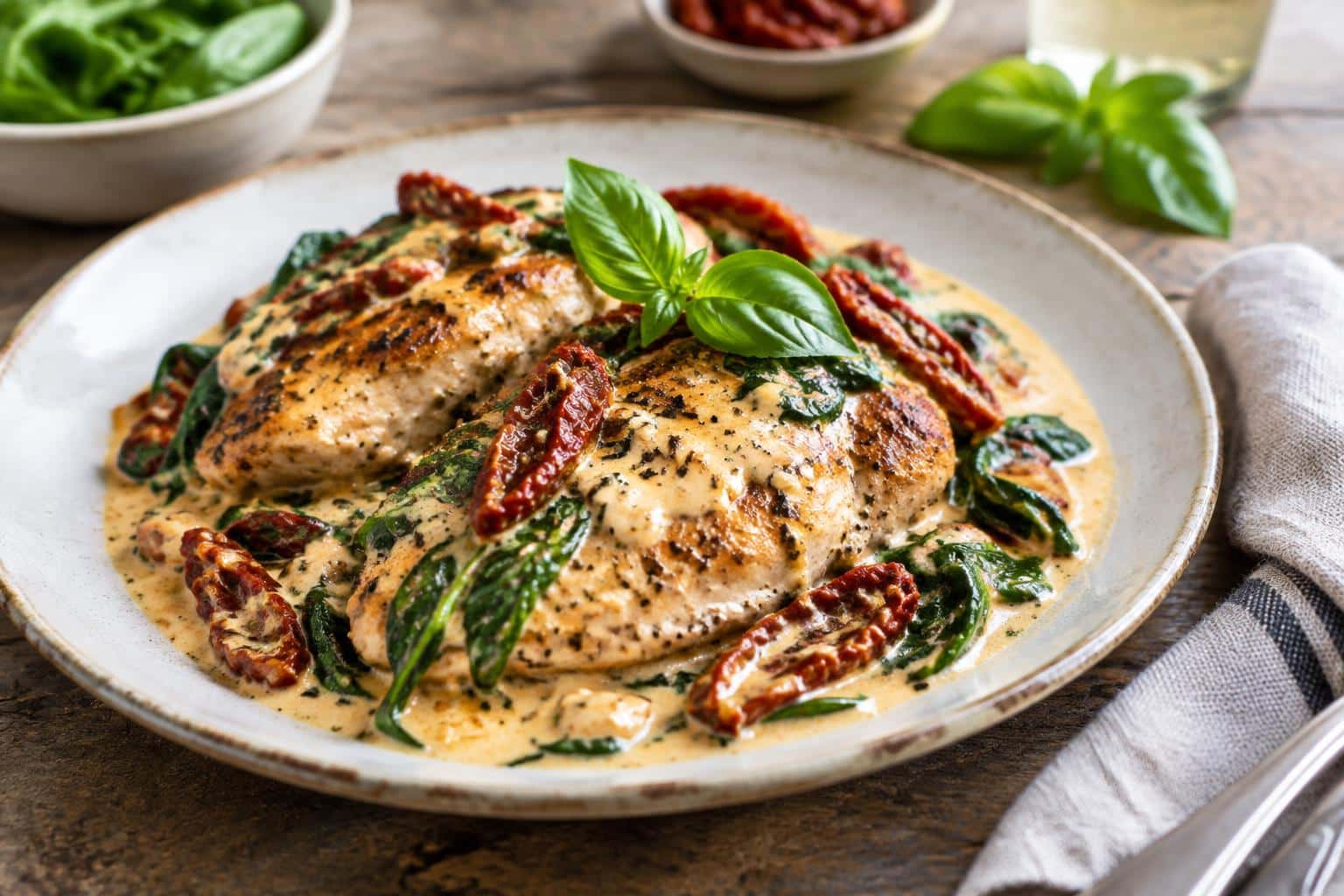 Close-up of Jamie Oliver Tuscan chicken with creamy sauce and sun-dried tomatoes on rustic plate