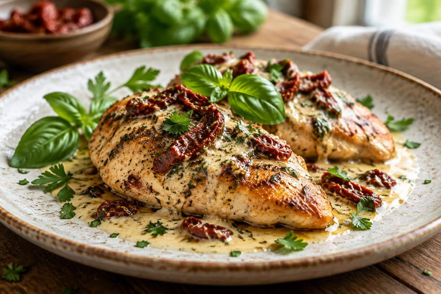Juicy Tuscan chicken with sun-dried tomatoes and herbs on rustic plate, featuring creamy sauce and fresh basil garnish