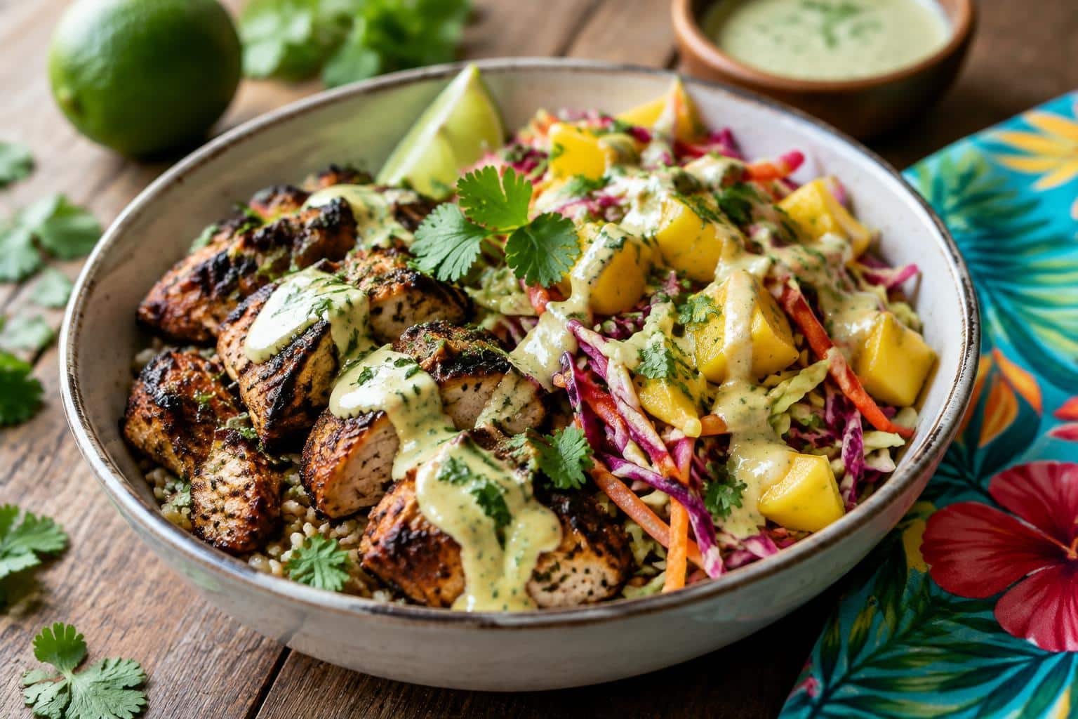 Grilled jerk chicken bowls with mango slaw and honey lime cream topping