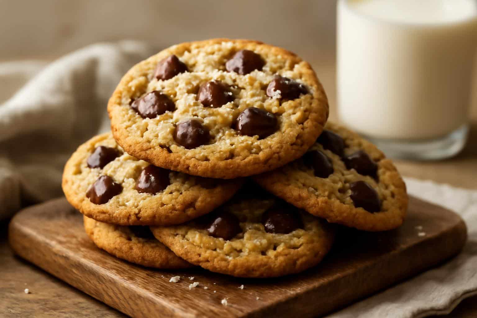 Freshly baked chocolate chip cookies with melting chocolate chips in natural soft window light