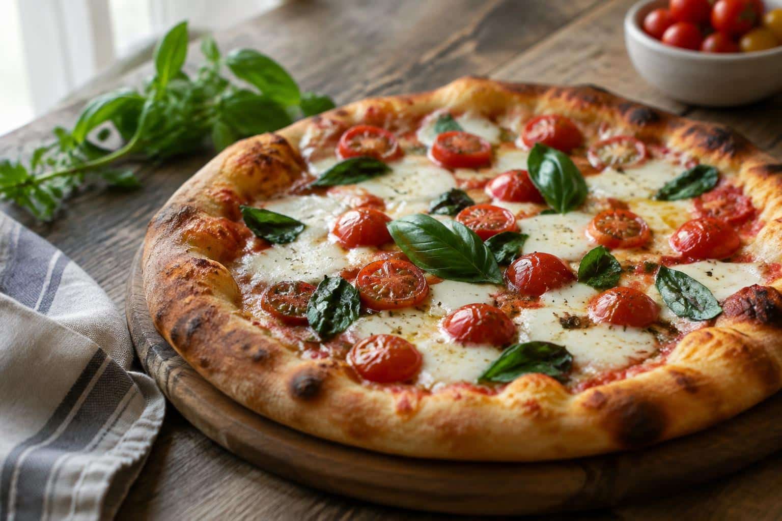 Homemade pizza with golden crust made from Joanna Gaines pizza dough topped with basil and mozzarella