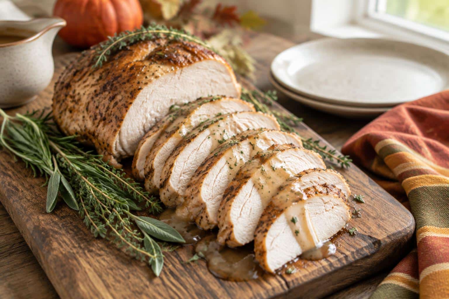 Slow cooker turkey breast sliced on a cutting board with fresh herbs, showcasing juicy slow cooker turkey breast