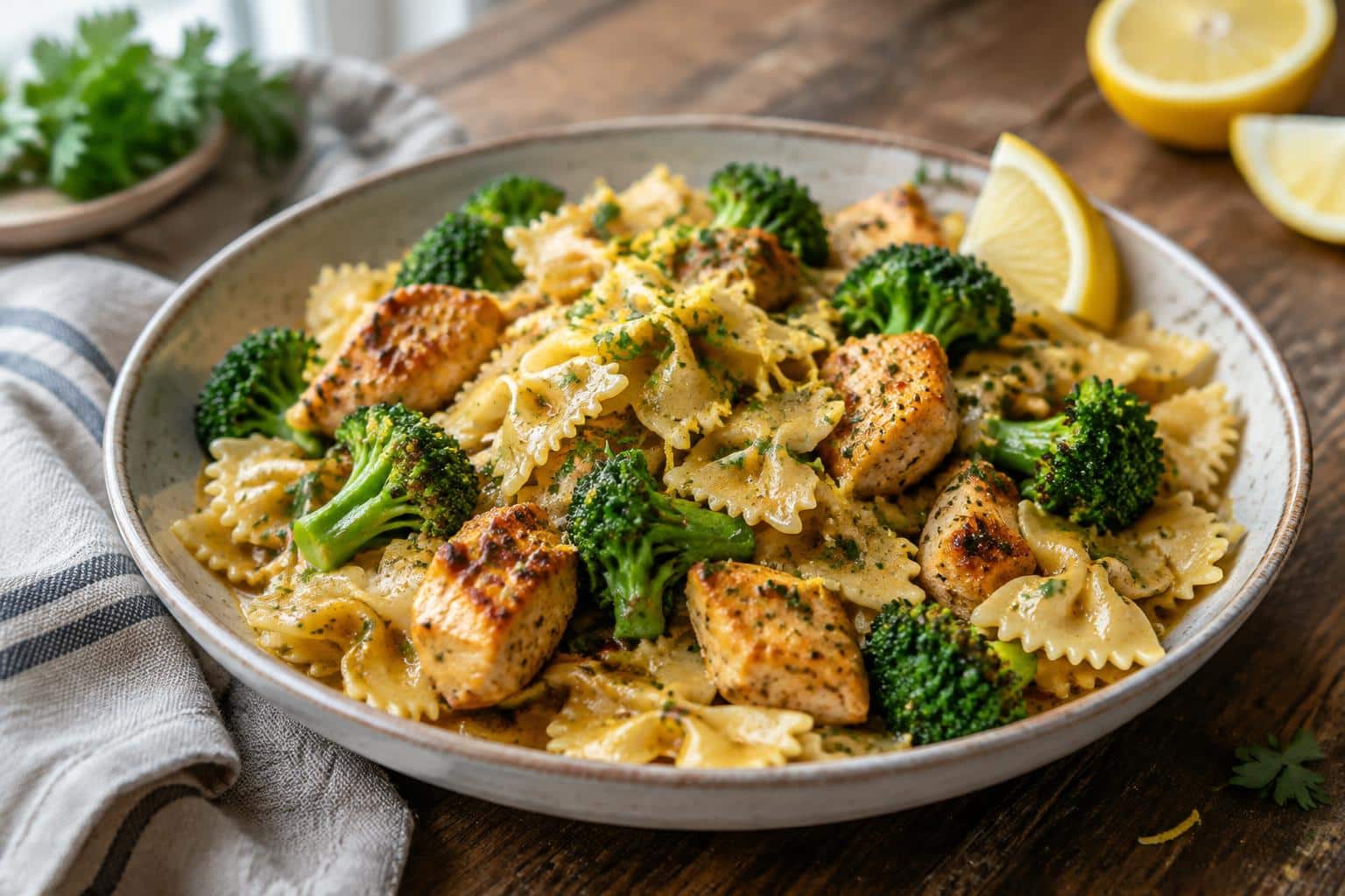 Juicy cowboy butter chicken bowties with lemon and fresh broccoli on a rustic plate