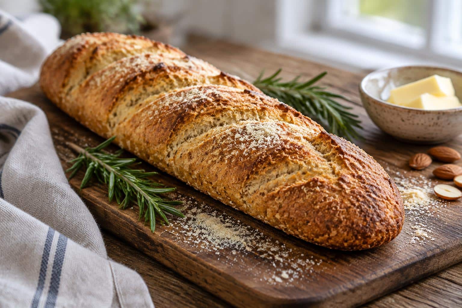 Freshly baked keto almond flour baguette with golden crust and almond texture