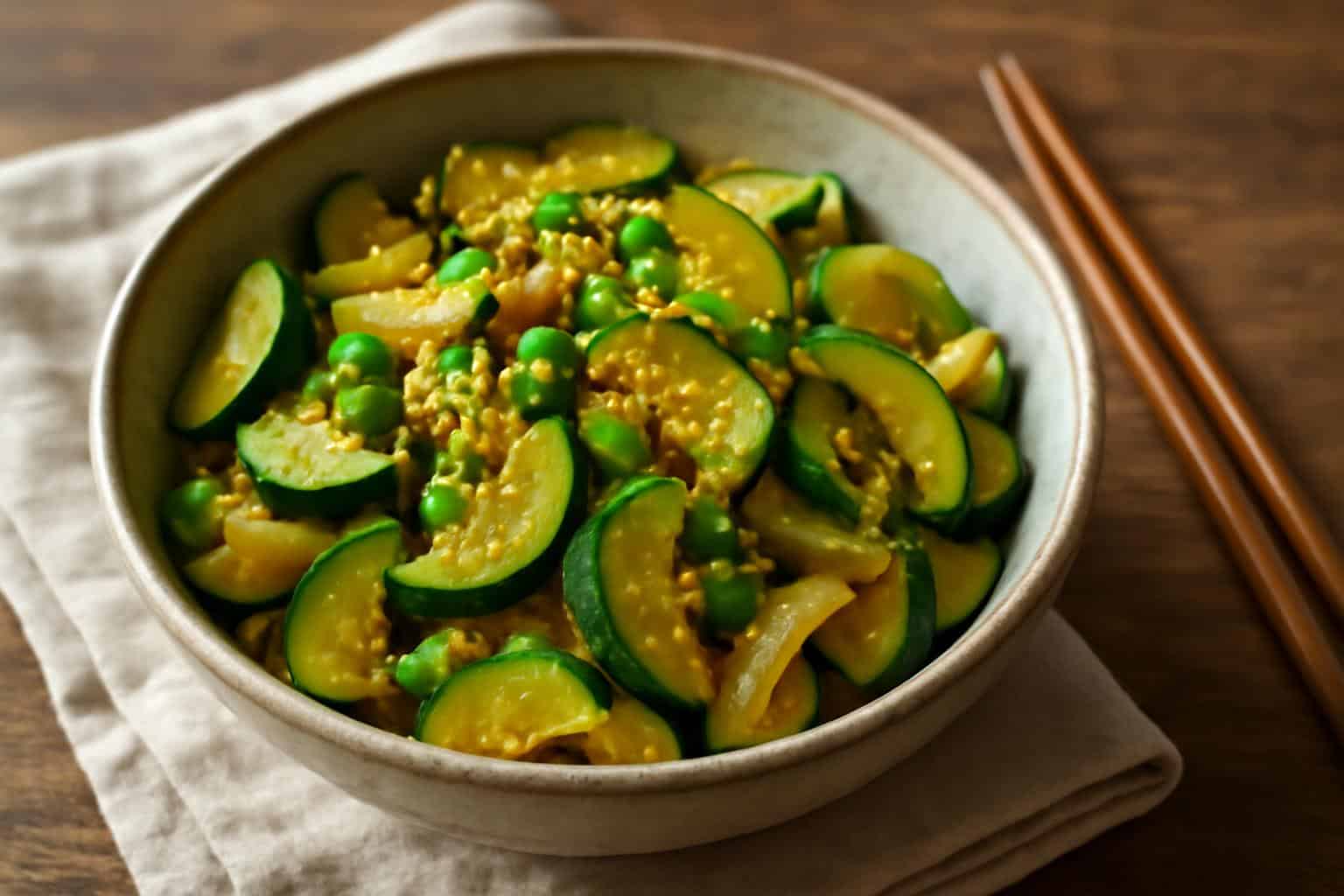 keto zucchini stir-fry with Japanese onion and sesame seed garnish in rustic bowl