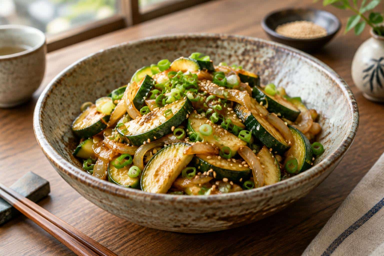 Keto zucchini stir-fry with onions in a bowl garnished with sesame seeds and green onions