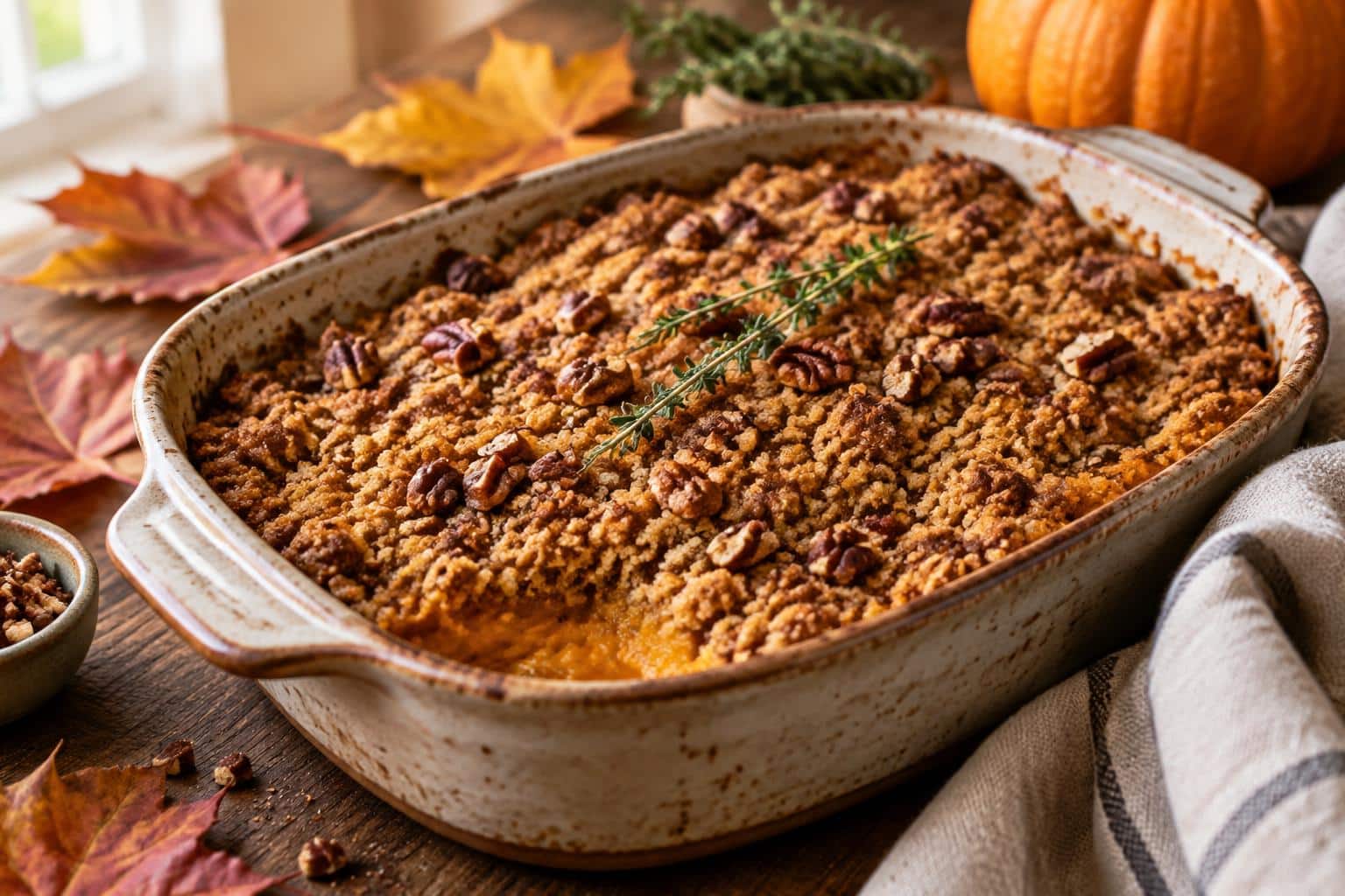 A baked keto pumpkin crisp with golden crumble topping and pecan garnish in a rustic dish