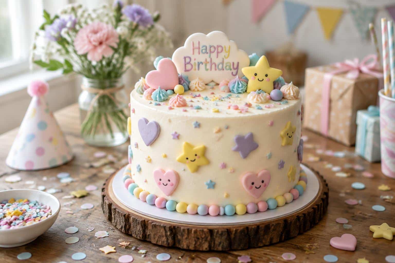 Kids birthday cake with 3D decorations in pastel colors and fondant hearts and stars