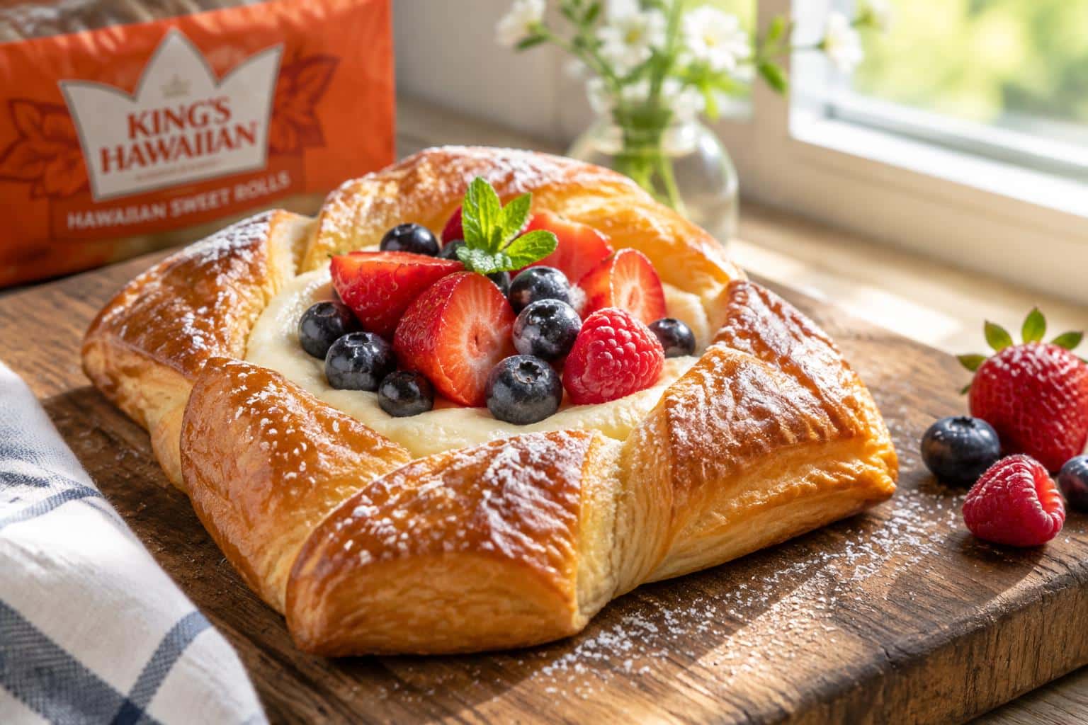 Golden baked King’s Hawaiian cheesecake danish with creamy filling and fresh berries