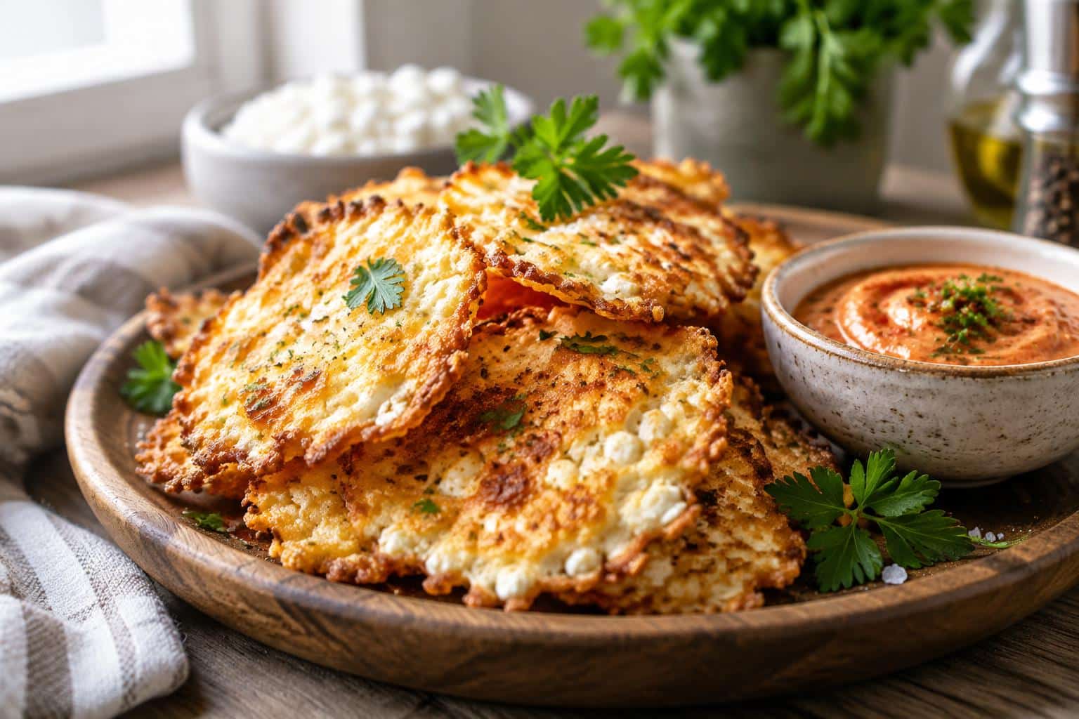 Golden knusprige hüttenkäse chips stacked with fresh parsley garnish and a spicy dip