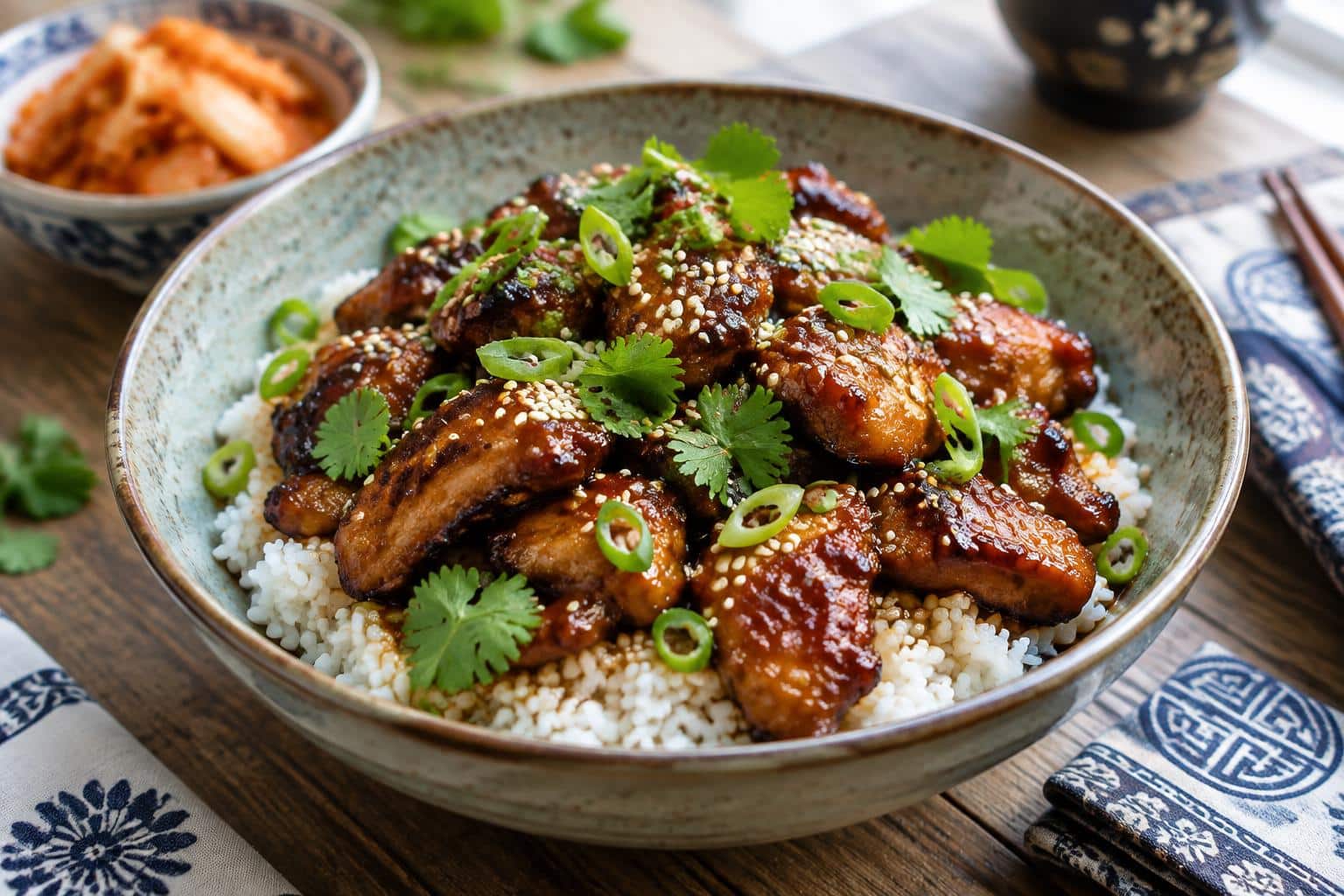 Korean BBQ chicken bowl with rice, green onions, sesame seeds, and cilantro garnish